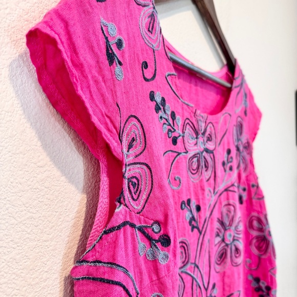 Made In Italy Linen Hot Pink Embroidered Floral Tunic Top Boho Resortwear XL - Picture 2 of 9